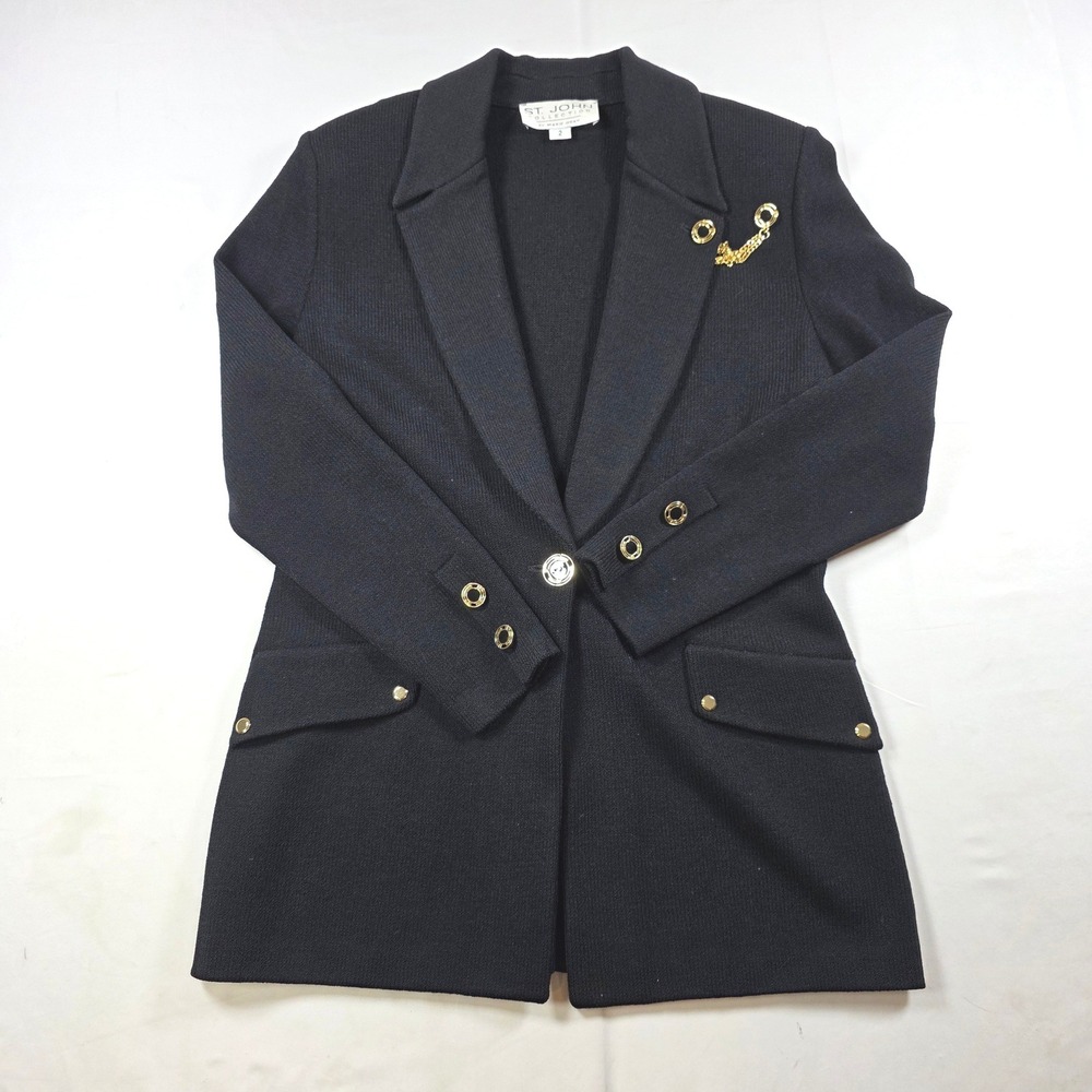 St John Collection Marie Gray Black Knit Blazer Gold Chain Detail Size 2